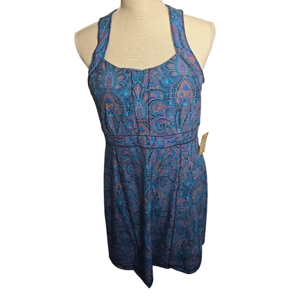 Athleta Womens Blue Paisley Racerback Dress Built In Bra Active Travel Size 10